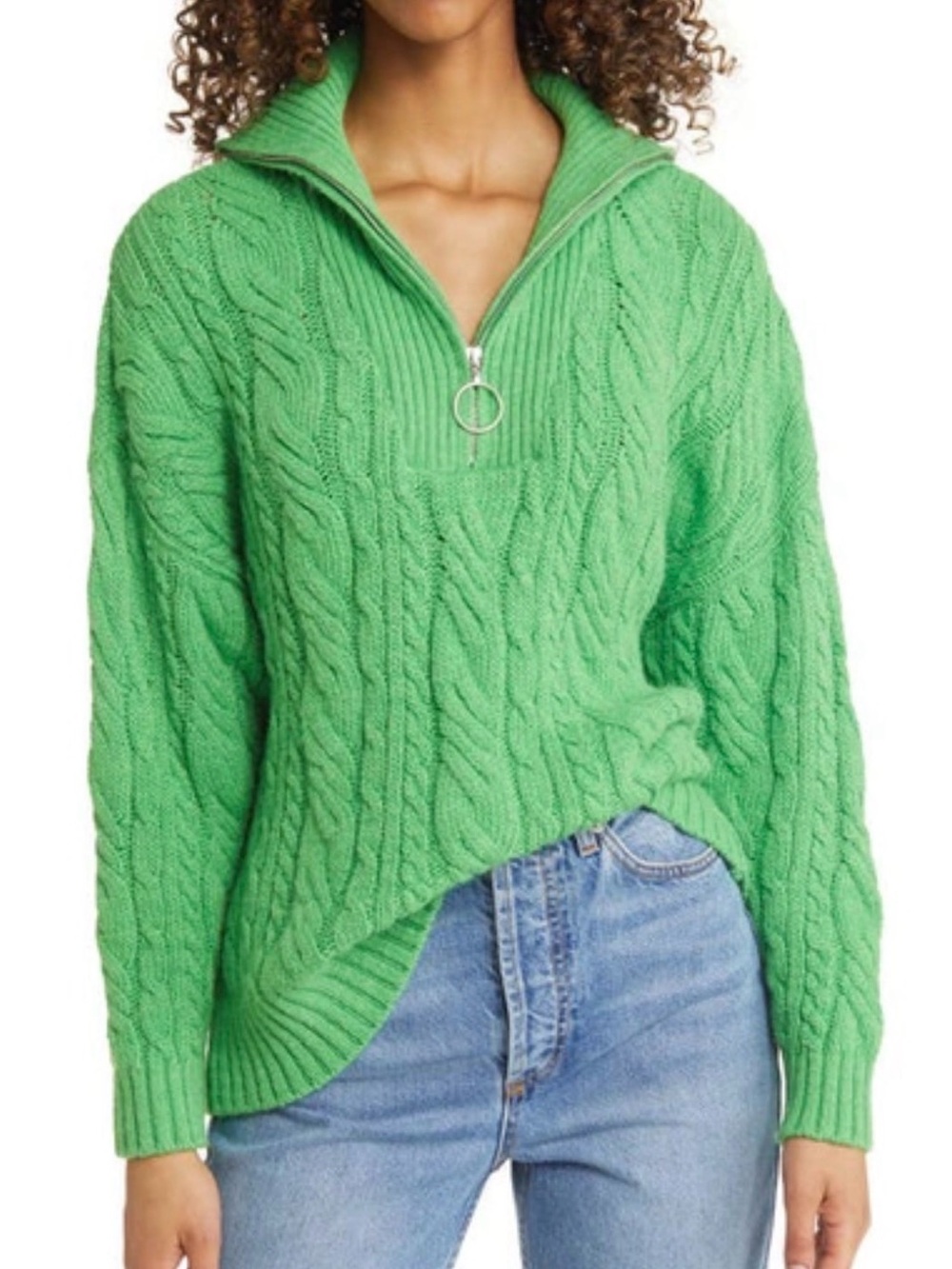 Topshop | Oversize Cable Knit Half Zip Sweater in Green  L